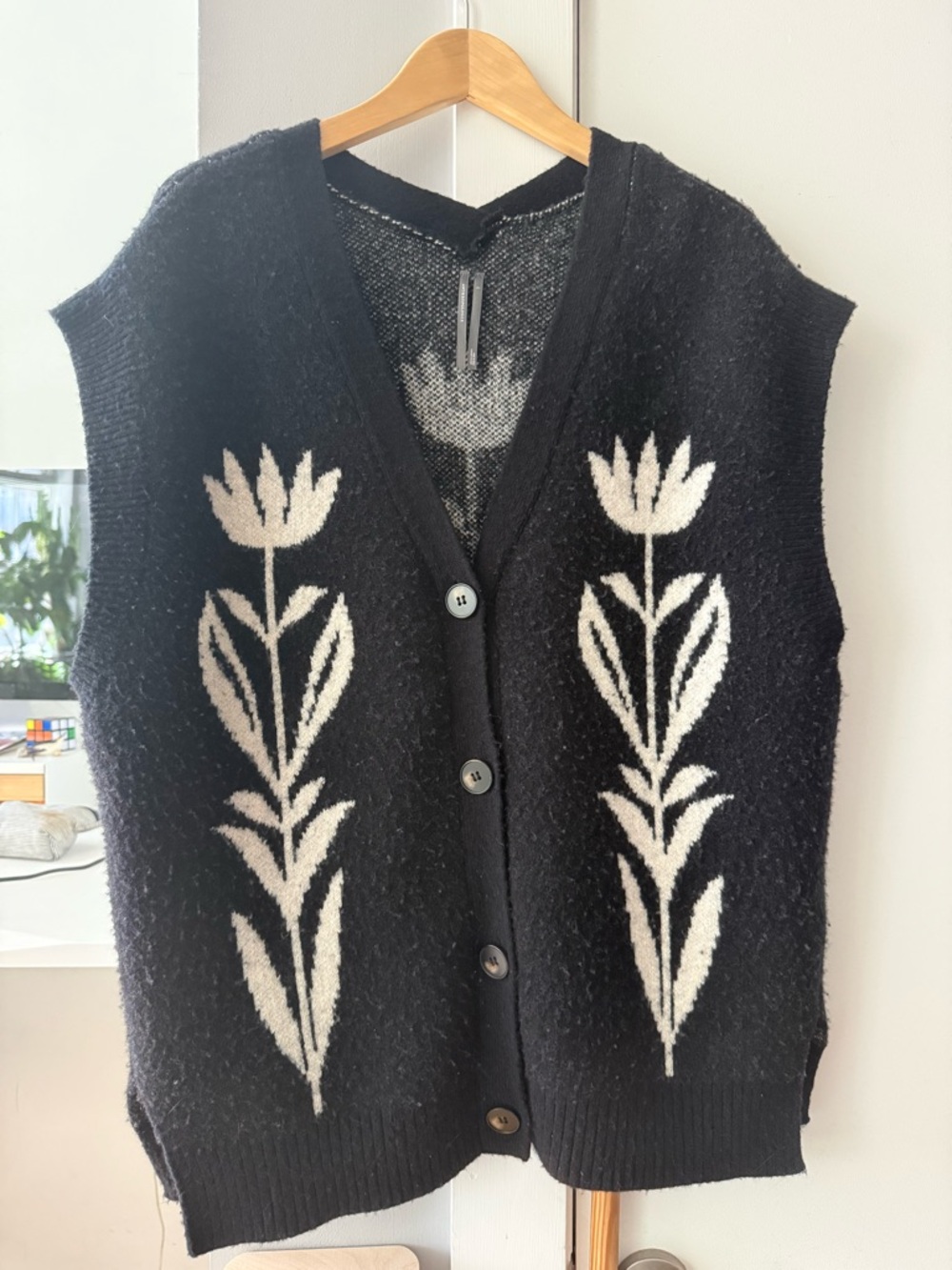 Black Floral Knit Button-Front Sweater Vest
